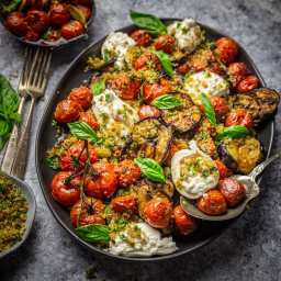 Grilled Eggplant, Roasted Tomatoes and Burrata Cheese with Garlic Herb Brea