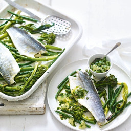 Grilled fish and greens with caper and lemon salsa