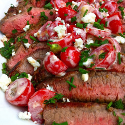 Grilled Flank Steak with Greeked-Out Gorgonzola and Tomato Salsa