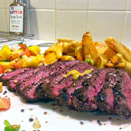 Grilled Flank Steak with Queso Covered Fries and Mango Pico