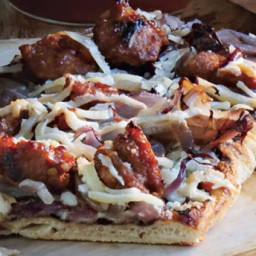 Grilled Flatbreads with Caramelized Onions, Sausage, and Manchego Cheese