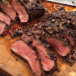 Grilled Flatiron Steaks with Tomatoes and Tapenade