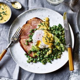 Grilled gammon steaks with peas, herb hollandaise and poached eggs