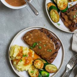 Grilled Homemade Seitan Steaks with Mashed Potatoes and Shallot Gravy