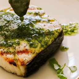 Grilled Keto Halibut Steaks with Basil Chimichurri Sauce (Paleo, Whole30, A