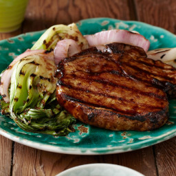 Grilled Korean-Style BBQ Glazed Pork Chops with Red Onions and Baby Bok Cho
