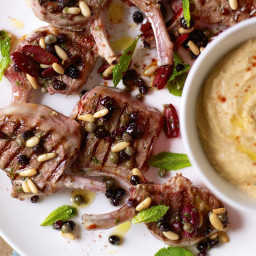 Grilled lamb cutlets with olives, mint and white bean puree