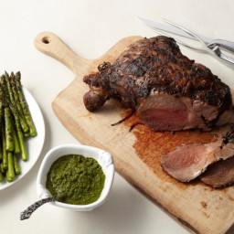 Grilled Marinated Leg of Lamb with Asparagus and Mint Chimichurri