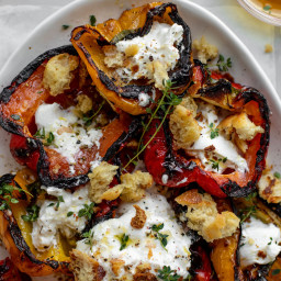 Grilled Marinated Peppers with Burrata and Breadcrumbs.