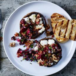 Grilled mushrooms with goats' cheese and beetroot and walnut salsa