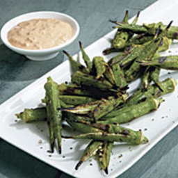 Grilled Okra with Smoked Paprika-Shallot Dip