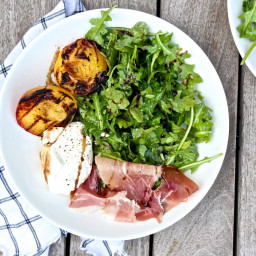 Grilled Peach and Arugula Salad with Burrata and Proscuitto