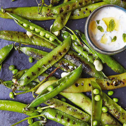Grilled peas and broad beans with minted yogurt sauce