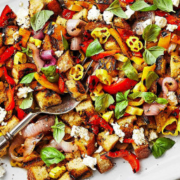Grilled Pepper and Onion Panzanella with Peperoncini Vinaigrette