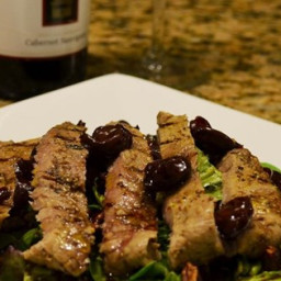 Grilled Peppercorn Steak and Caramelized Pecan Salad with Cabernet-Cherry V