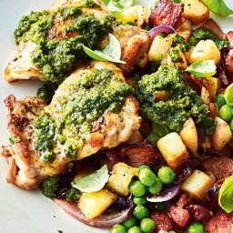 Grilled pesto chicken with bacon, potato and pea hash
