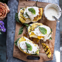 Grilled Pineapple Caprese Eggs Benedict with Coconut-Almond Hollandaise.