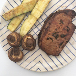 Grilled Pork Chops with Mushrooms and Zucchini Spears 