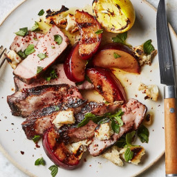 Grilled Pork Chops with Plums, Halloumi, and Lemon