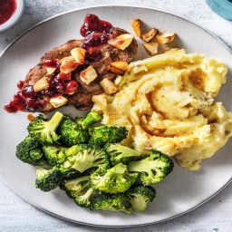 Grilled Pork Loin and Apples with Mash, Broccoli and a Red Fruit Sauce