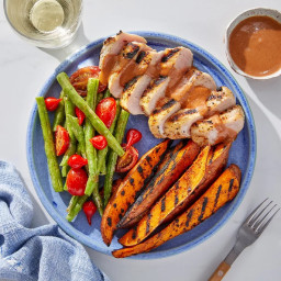 Grilled Pork & Sweet Potato Wedges with Spicy BBQ Mayo
