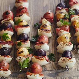 Grilled Potato, Onion, and Bacon Skewers