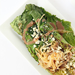 Grilled Romaine with Caramelized Onion Noodles, Blue Cheese and Greek Yogur