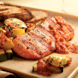 Grilled Salmon and Zucchini with Red Pepper Sauce