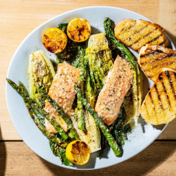 Grilled Salmon Caesar With Asparagus and Charred Lemons