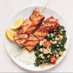 Grilled Salmon Kebabs with Kale Tabbouleh