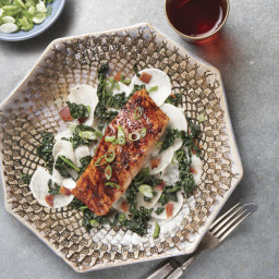 Grilled Salmon with Aleppo-Honey Glaze, Turnips, and Kale
