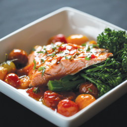 grilled salmon with confit roasted true rebel mix® tomatoes and spicy brocc