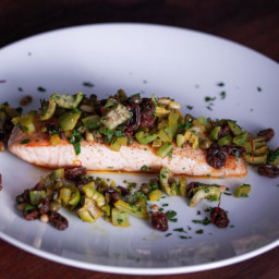 Grilled Salmon with Olives and Pine Nuts