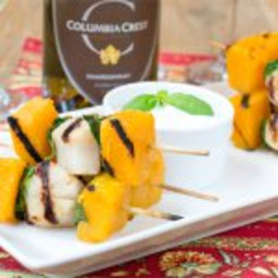 Grilled Scallops, Butternut Squash and Basil Skewers with Garlic Dip