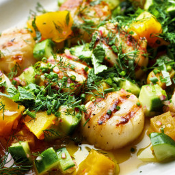 Grilled Sea Scallops With Yellow Beets, Cucumbers and Lime