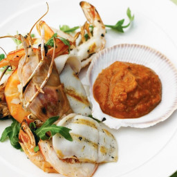 Grilled seafood with roast vegetable sauce