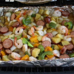 Grilled Shrimp and Sausage with Peppers and Onions