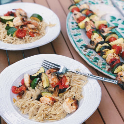 Grilled Shrimp and Vegetable Skewers over Cheesy Whole Grain Orzo