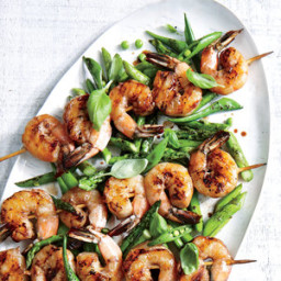 Grilled Shrimp Skewers with Charred Asparagus and Snap Peas