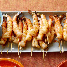 Grilled Shrimp Skewers with Soy Sauce, Fresh Ginger and Toasted Sesame Seed