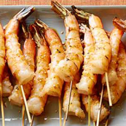 Grilled Shrimp Skewers with Soy Sauce, Fresh Ginger and Toasted Sesame Seed