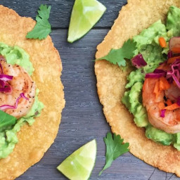Grilled Shrimp Tostadas with Guacamole and Red Cabbage Slaw