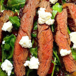 Grilled Skirt Steak Salad with Arugula, Balsamic-Glazed Onions, Tomatoes, a