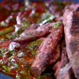 Grilled Skirt Steak with Green and Smokey Red Chimichurri