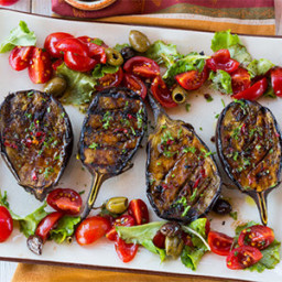 Grilled Spicy Mediterranean Eggplant with Tomato Salad
