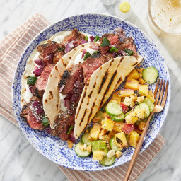 Grilled Steak Tacos with Grilled Peach & Cucumber Salad
