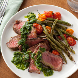 Grilled Steak with Green Beans, Tomatoes and Chimichurri Sauce