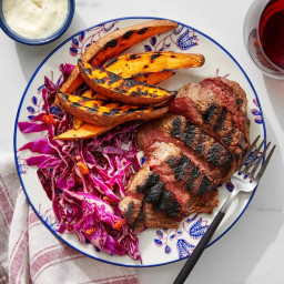 Grilled Steaks & Sweet Potato Wedges with Green Goddess Slaw