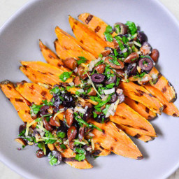 Grilled Sweet Potatoes with Black Olives and Almonds Recipe