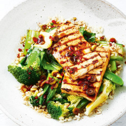 Grilled tofu with brown rice, Asian greens and chilli sesame dressing
